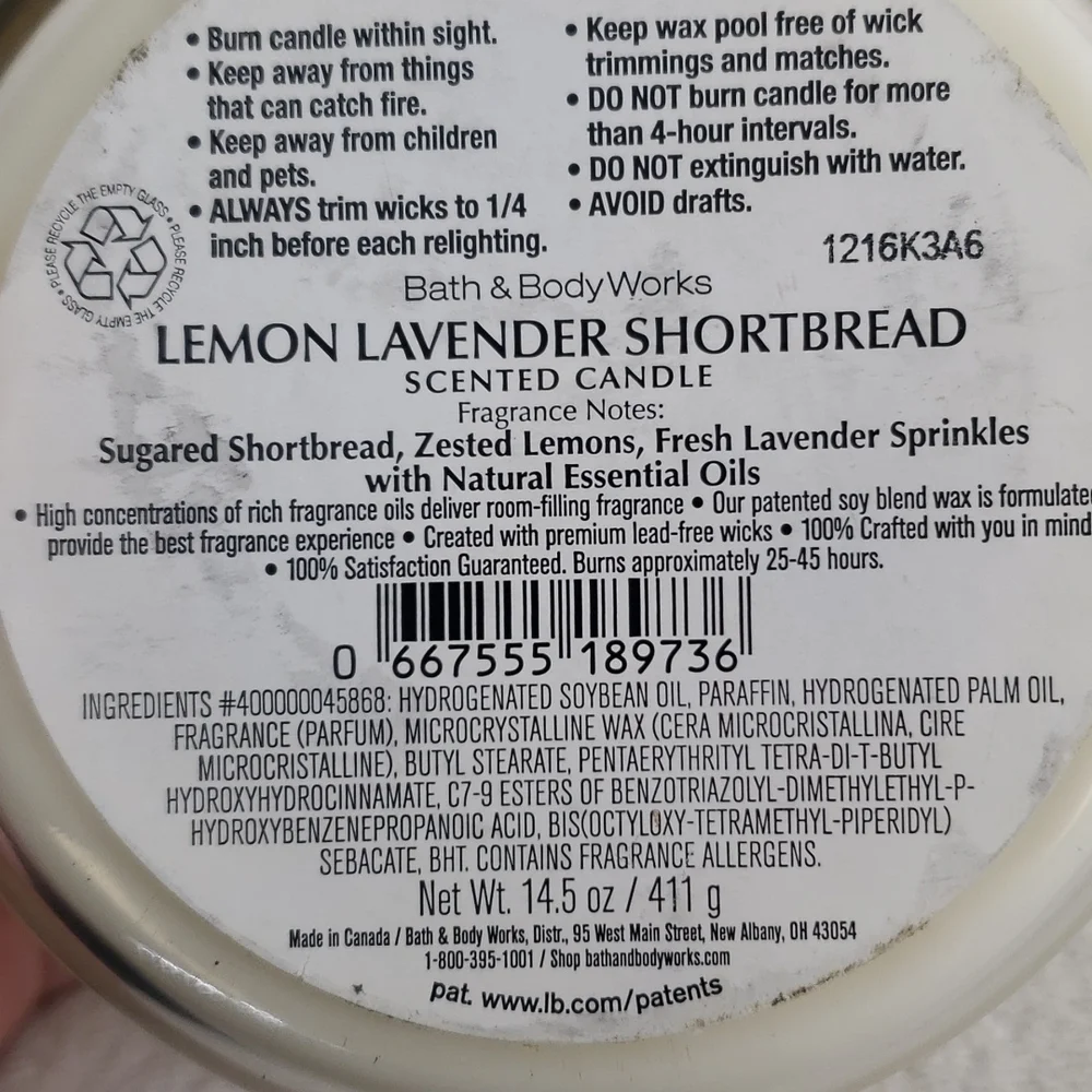 Bath & Body Works White Barn 14.5oz  3-Wick Candle Lemon Lavender Shortbread - Picture 3 of 3